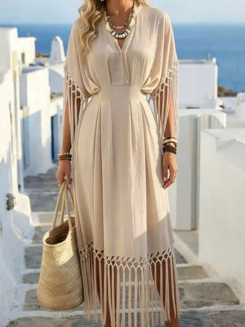 Beige Fringe Midi Dress - Women